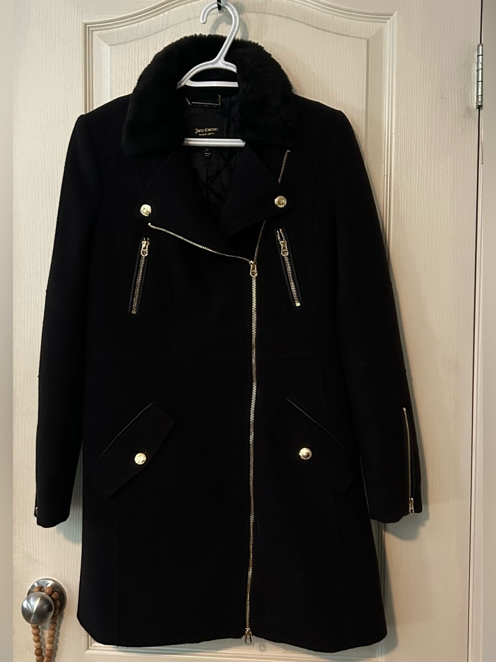 Juicy Couture Black Asymmetrical Zip Wool Blend Coat with Faux Fur Collar